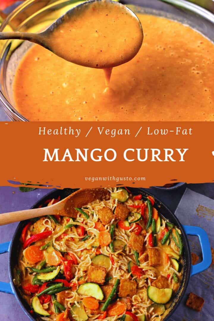 A pan of mango curry with vegetables and noodles with another picture of mango sauce in a spoon.
