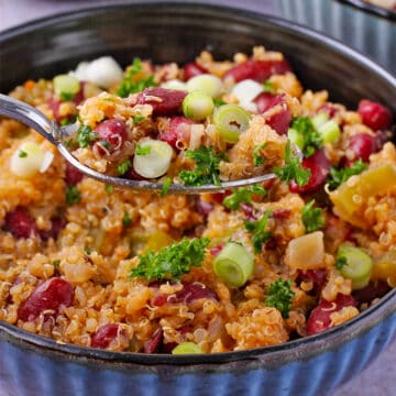 Red beans and quinoa lifted in a spoon over a filled bowl.