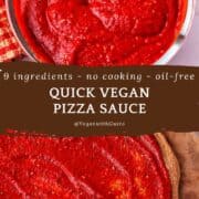 A pizza crust with pizza sauce and another picture with a bowl of pizza sauce. Text overlay of recipe title and Pinterest handle.