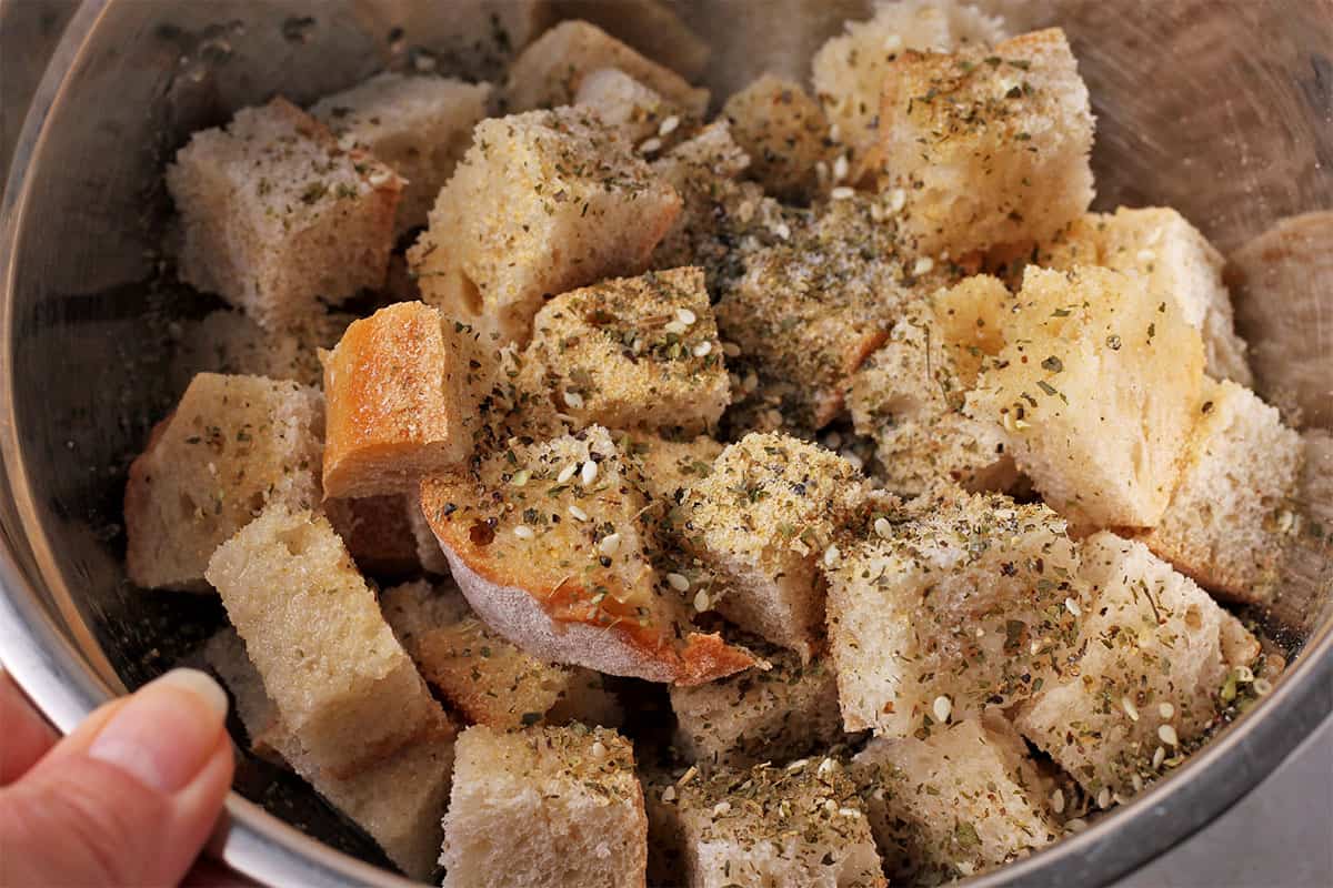 Bread cubes with dried herbs.