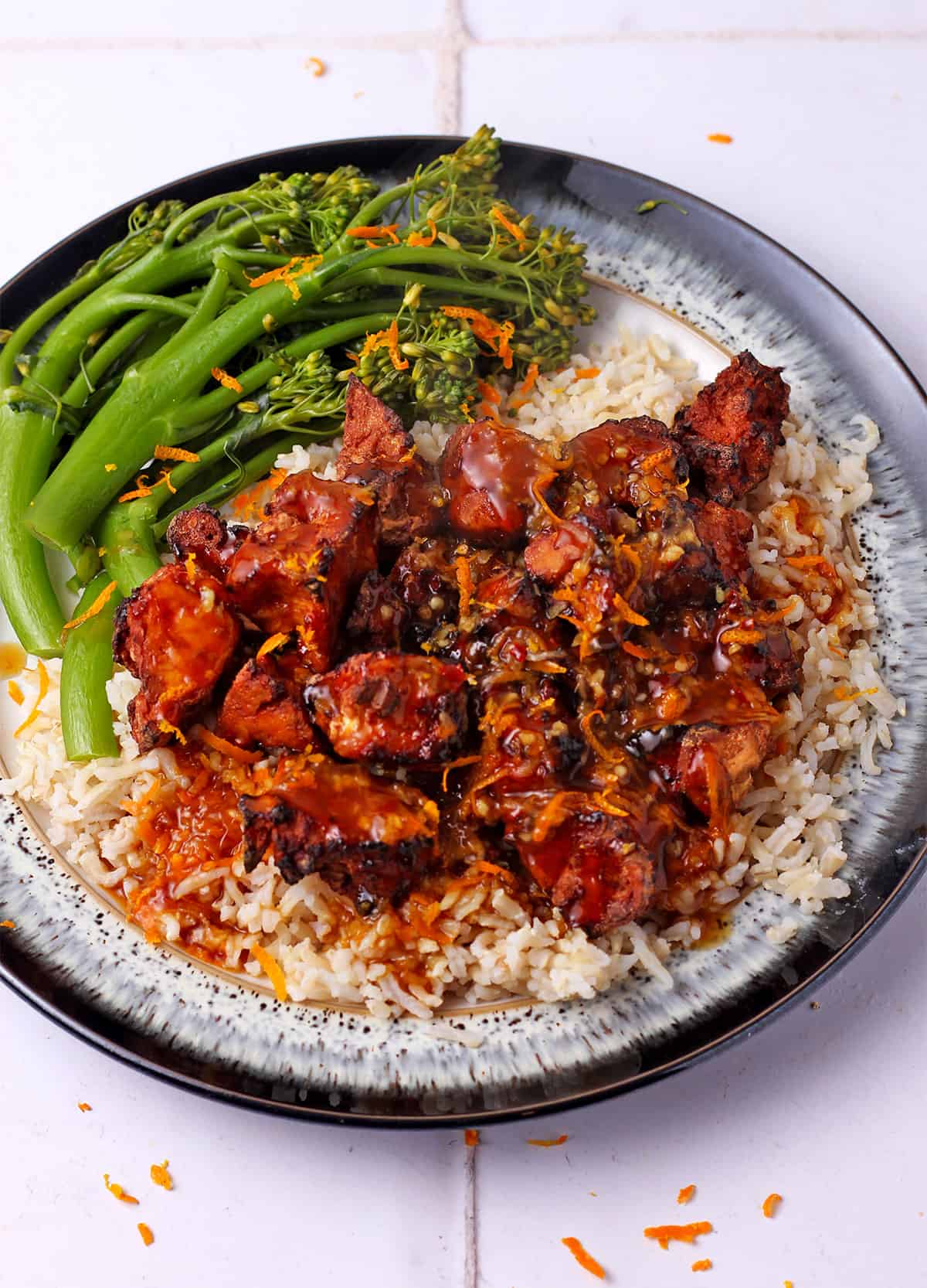 Orange ginger sauce over tofu and rice.