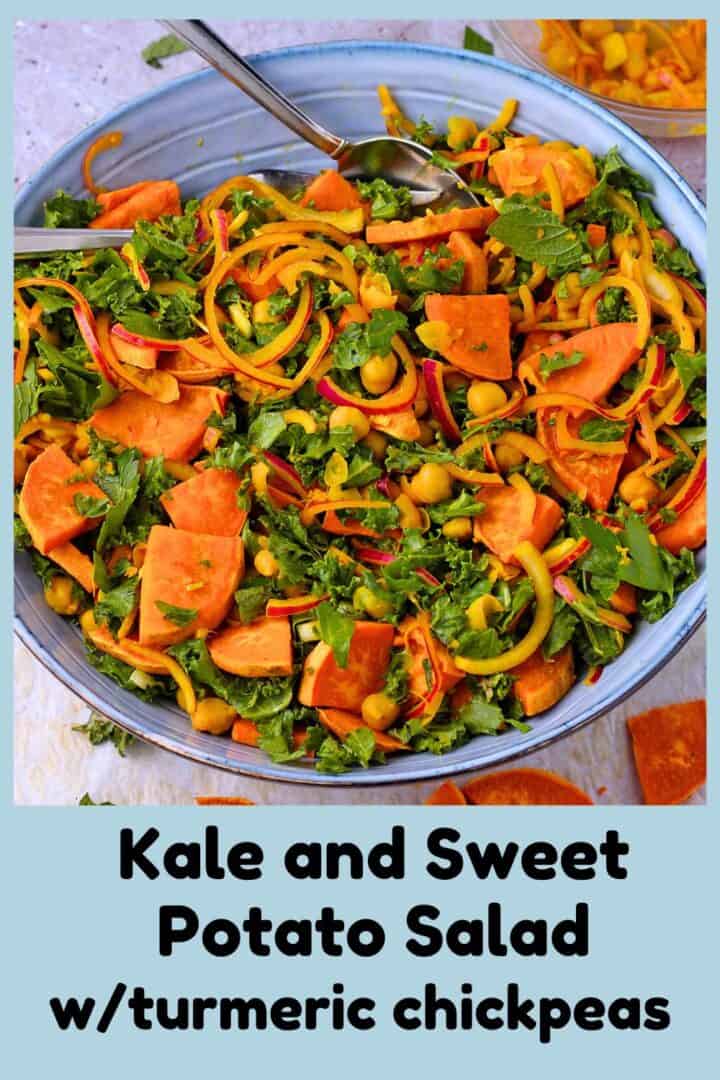 A bowl of kale and sweet potato salad with turmeric chickpeas and red onions.