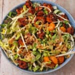 Asian vegan chicken salad with tofu chicken, mandarin oranges, lettuce, cabbage, and peanut dressing.