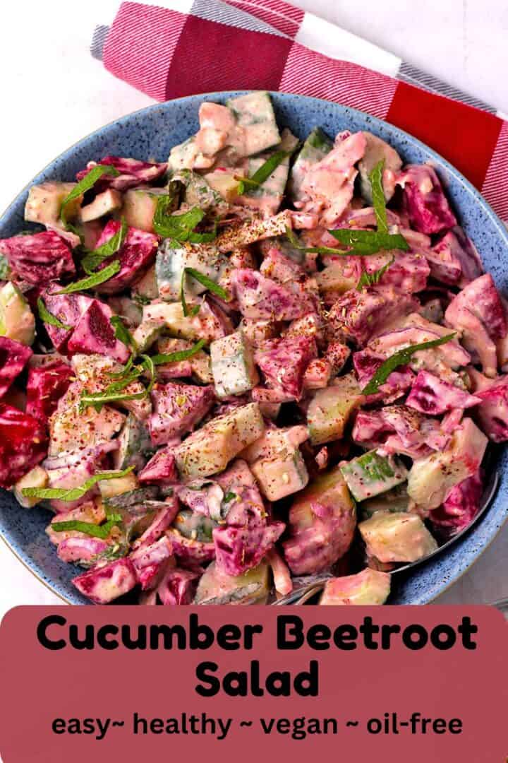 A bowl of cucumber beetroot salad with text over lay of title, plus easy, healthy, vegan, oil-free on the photo.