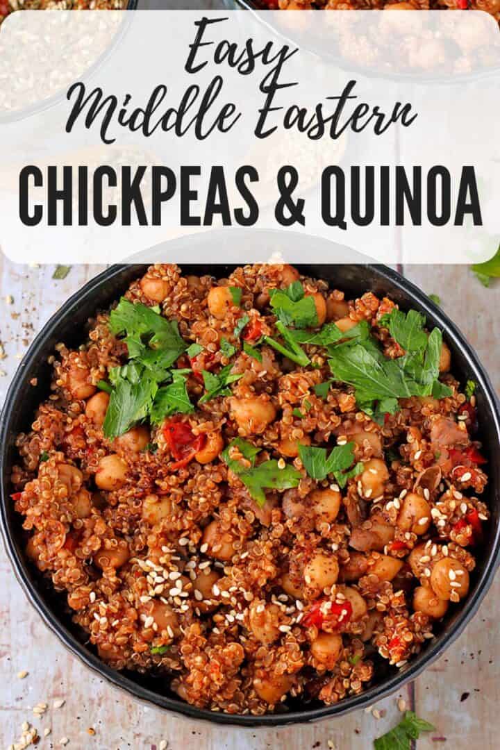Middle Eastern quinoa and chickpeas with red peppers and sesame seeds in a bowl with text overlay of recipe title.