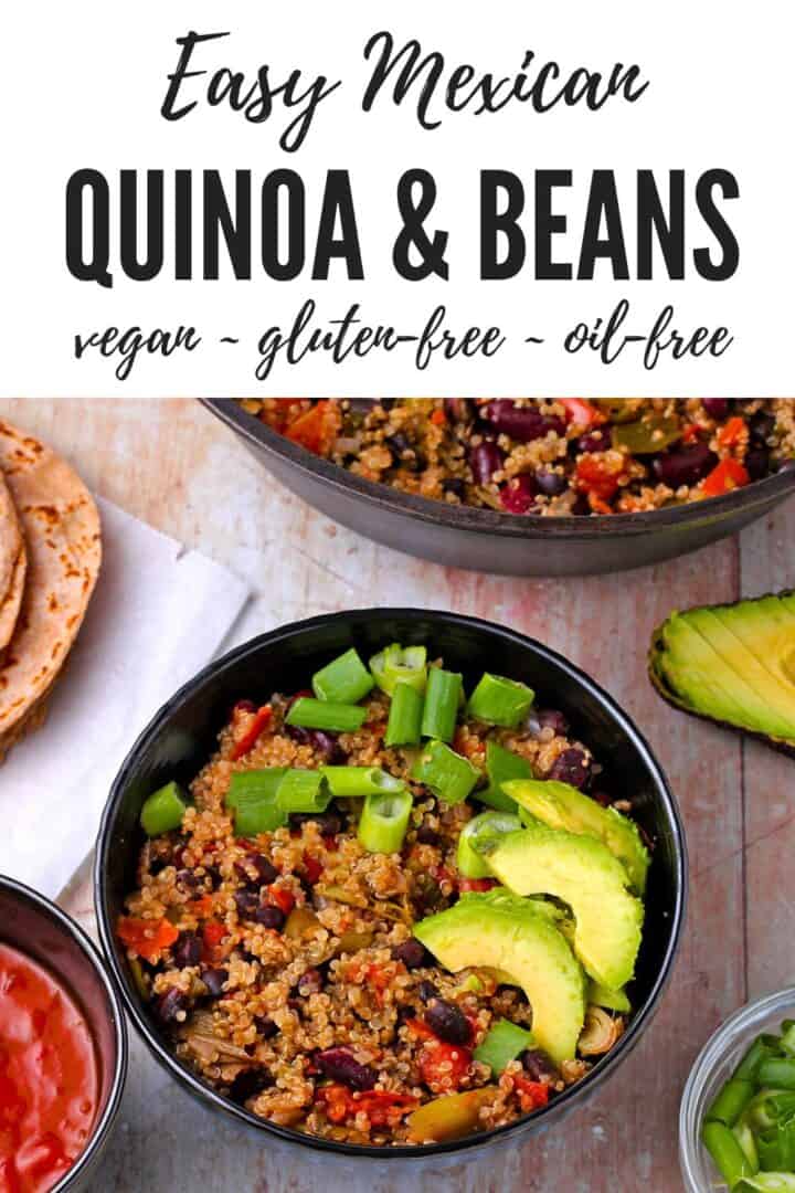 A bowl of Mexican quinoa and beans with avocado slices.
