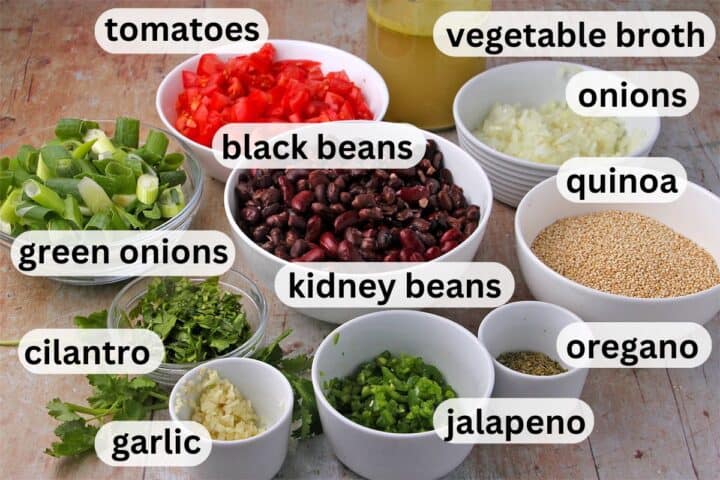 The ingredients for Mexican quinoa and beans with labels.