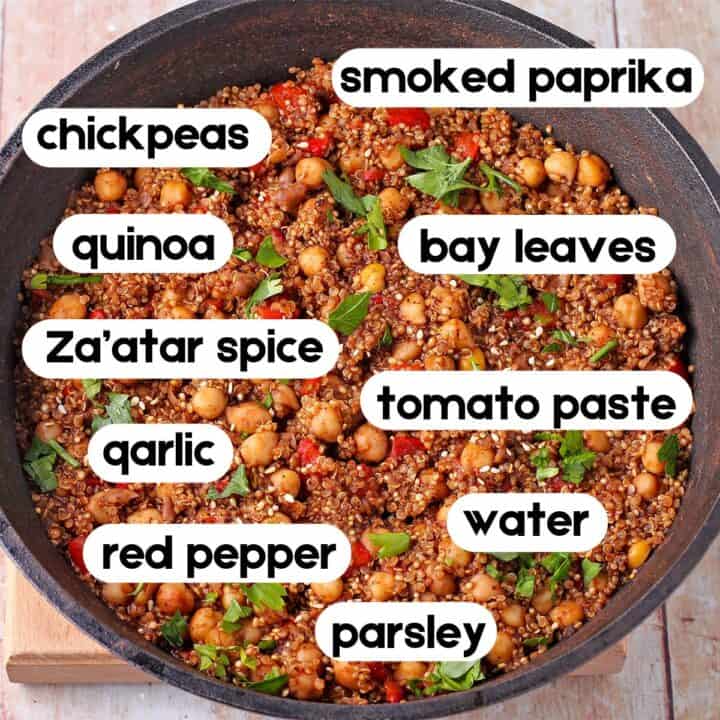 The ingredients for Middle Eastern chickpeas and quinoa with labels.