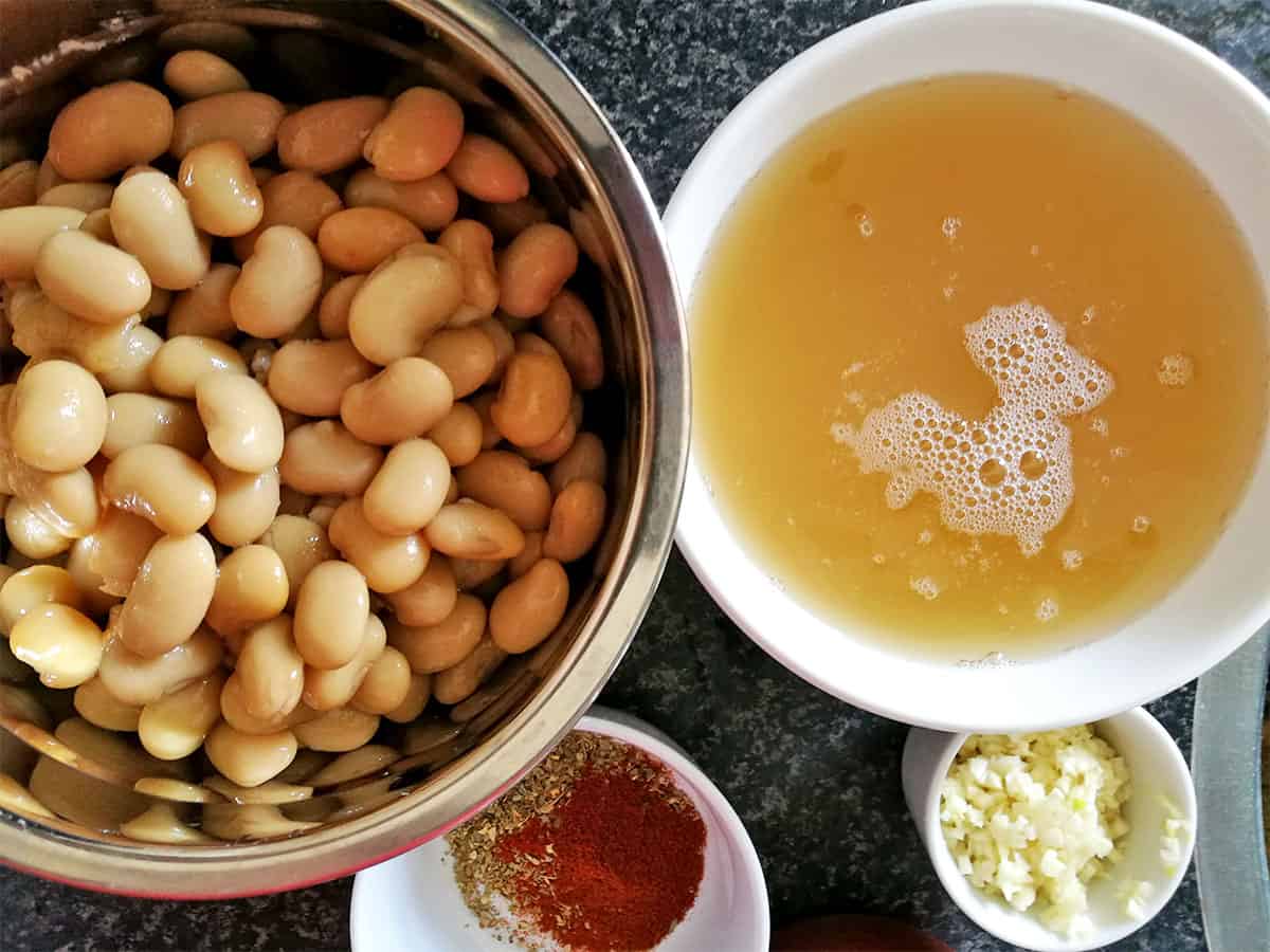 Butter beans (gigantes), aquafaba, spices, and minced garlic.