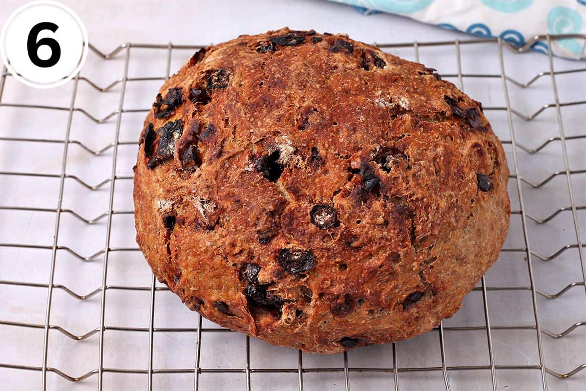 A loaf of cranberry walnut bread on a wire rack.