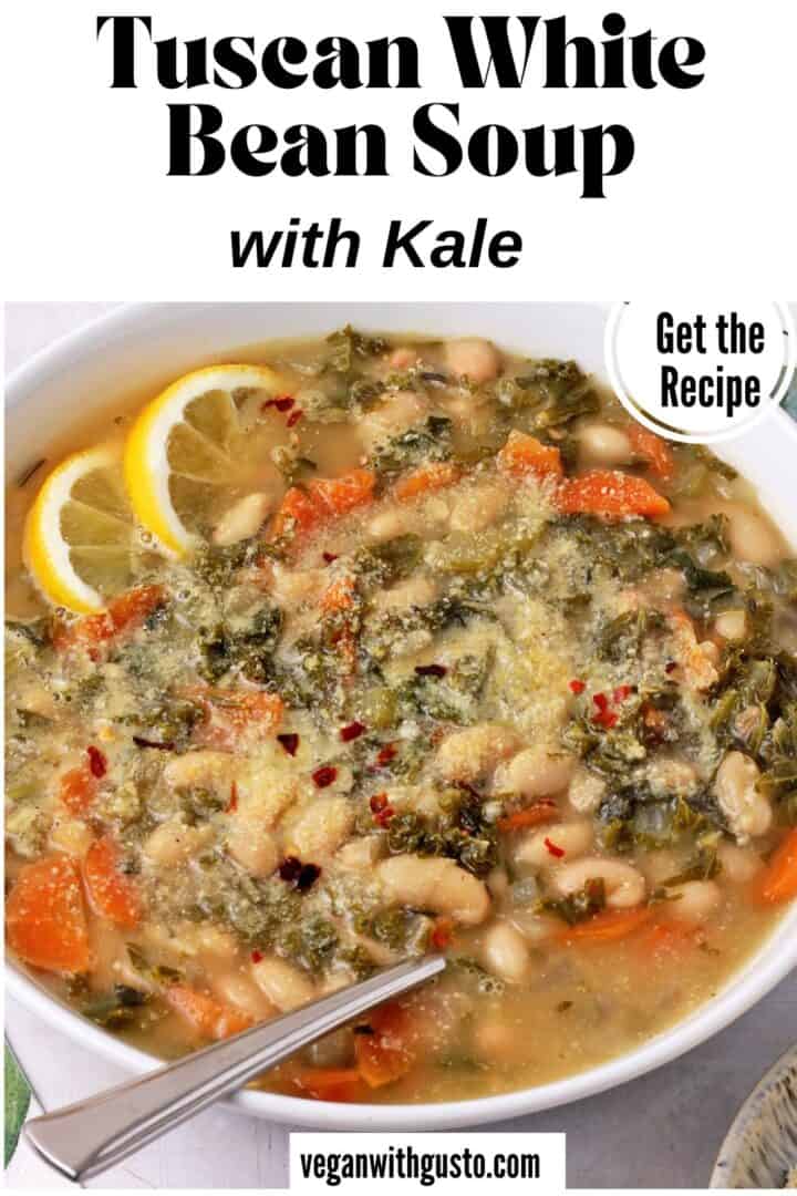 A bowl of white bean soup with vegetables and kale with recipe title on the photo.