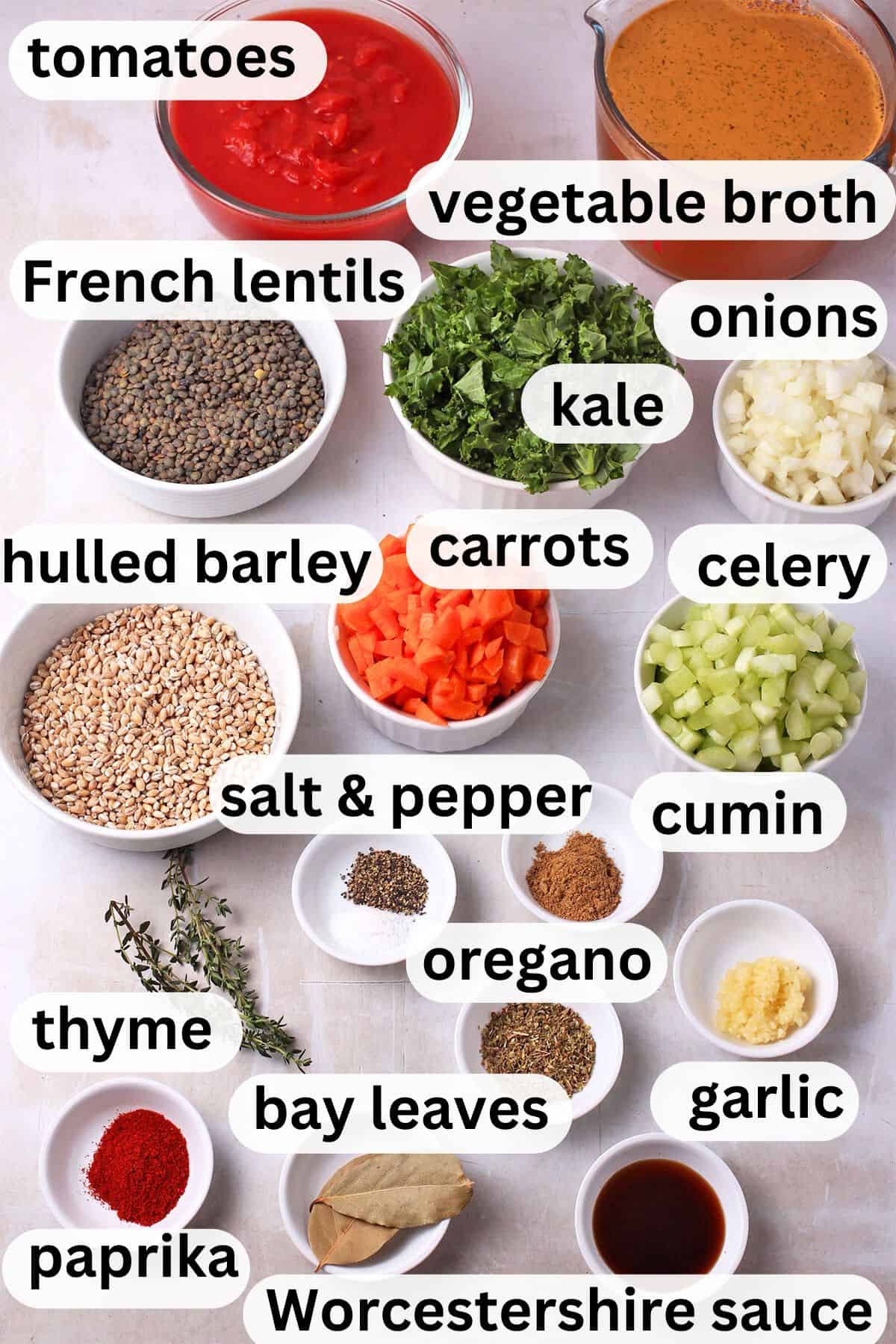 The ingredients for vegetable barley and lentil soup with labels.