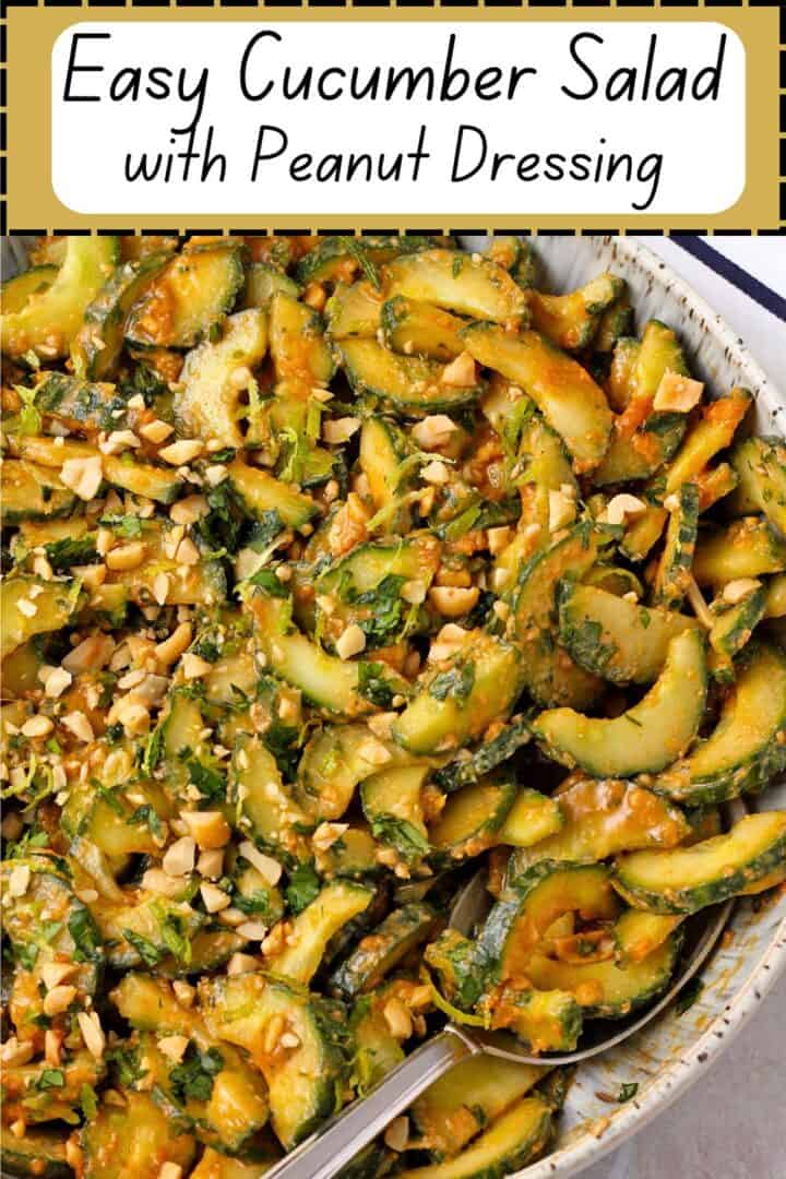 A bowl of cucumber salad with a spoon and text overlay of recipe title on photo.