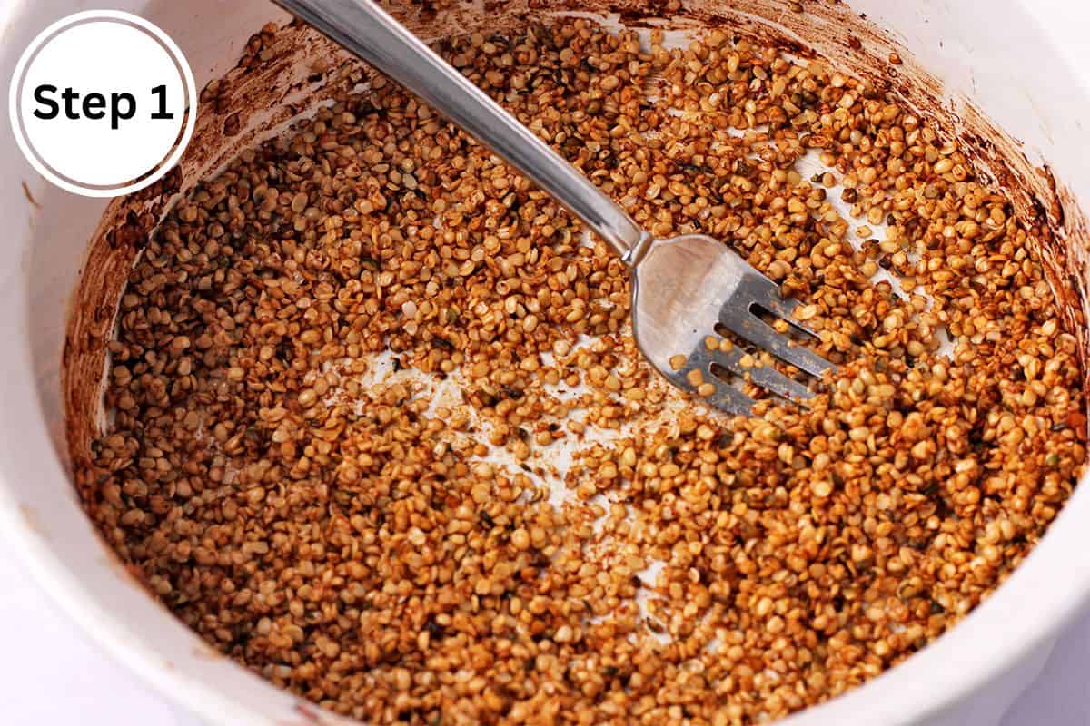 Vegan bacon bits with hemp seeds in a small baking dish.
