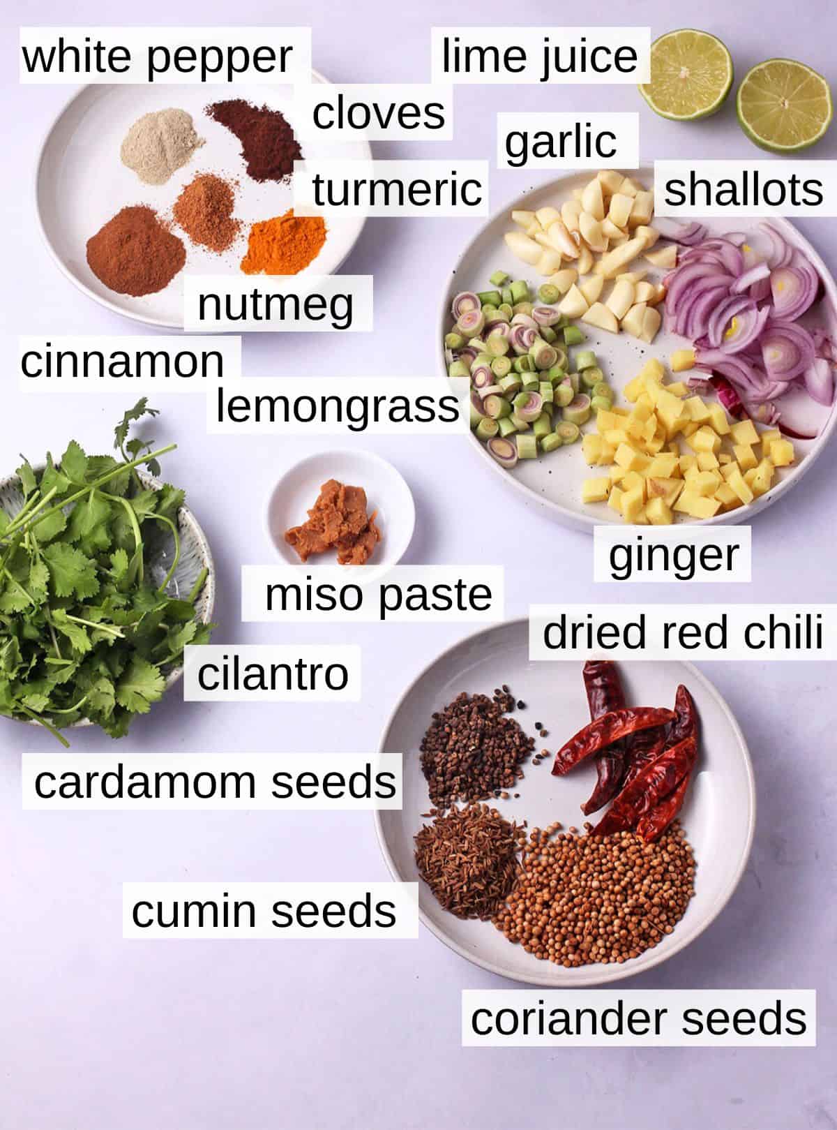 The ingredients for massaman curry paste with labels.