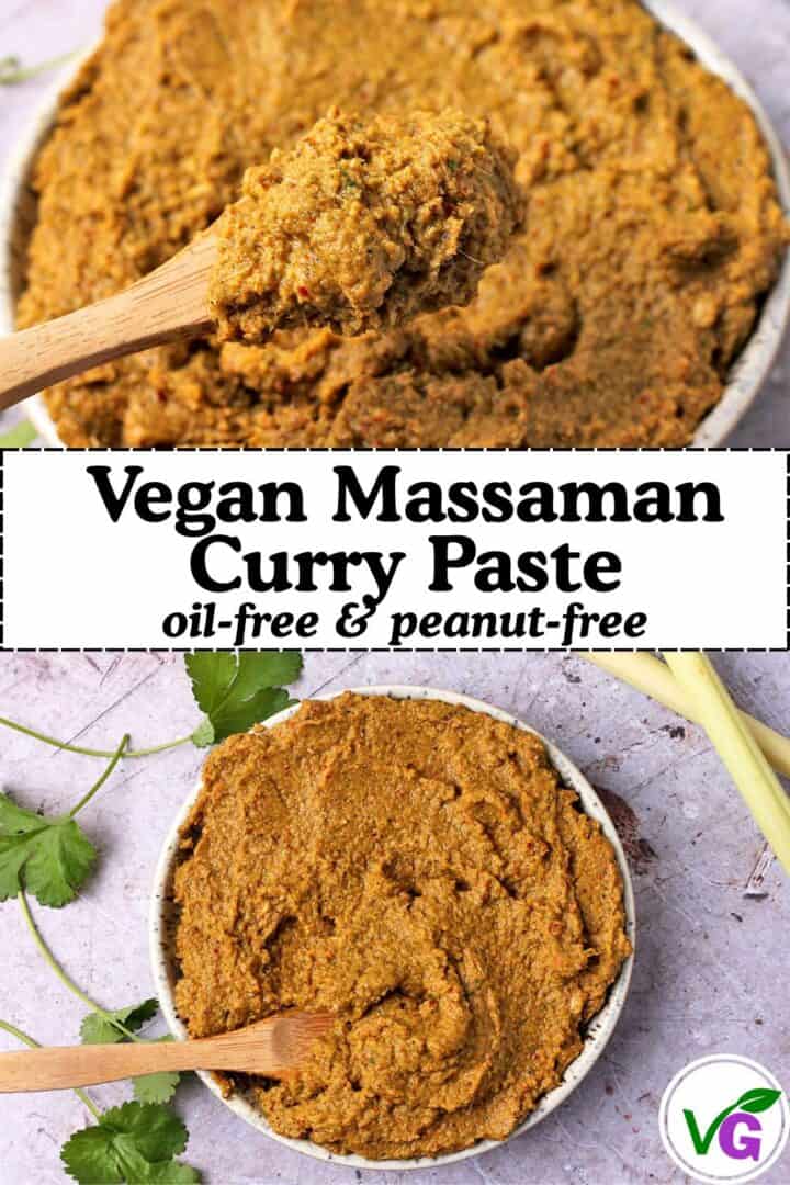 Two pictures of massaman curry paste with the recipe title on the photo.