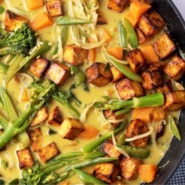 Vegan Thai green curry with tofu, broccoli, snap, peas, sweet potato, and bean sprouts.