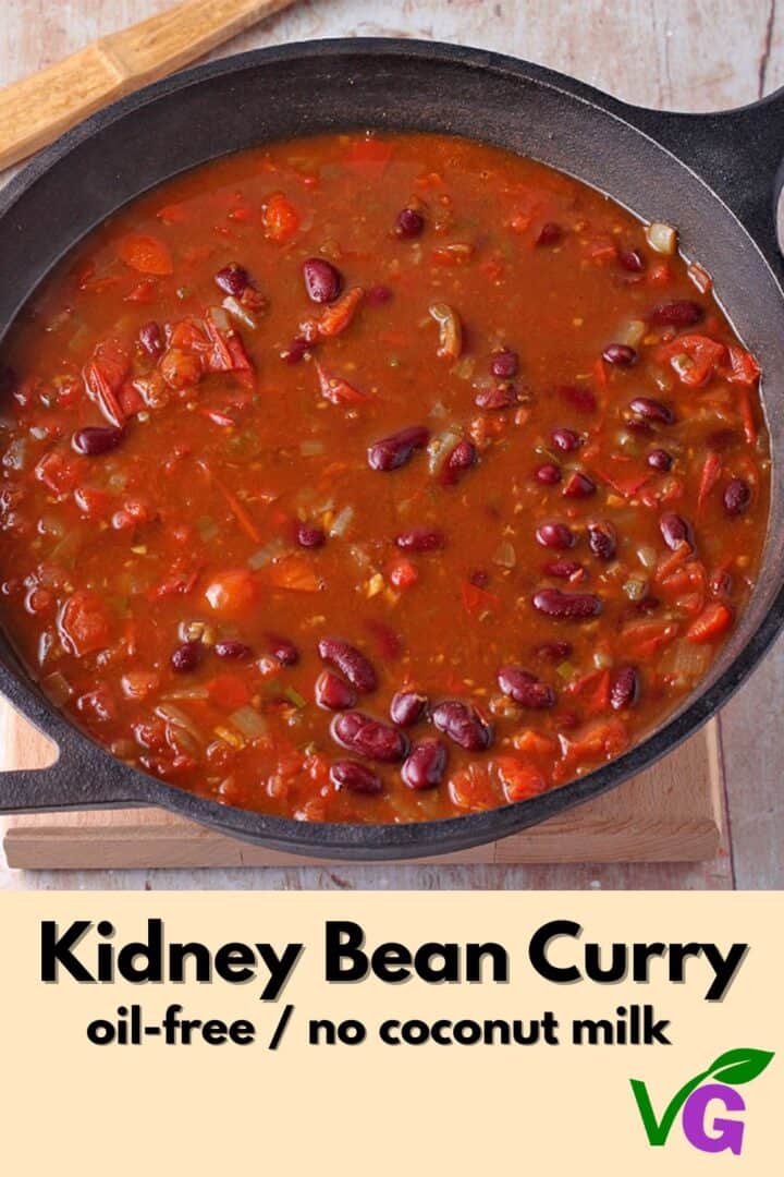 A pin for kidney bean curry with curry in a cast iron pan and recipe title on the photo.