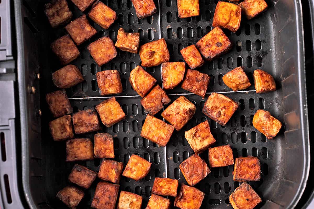 Crispy tofu cubes are air-fried.