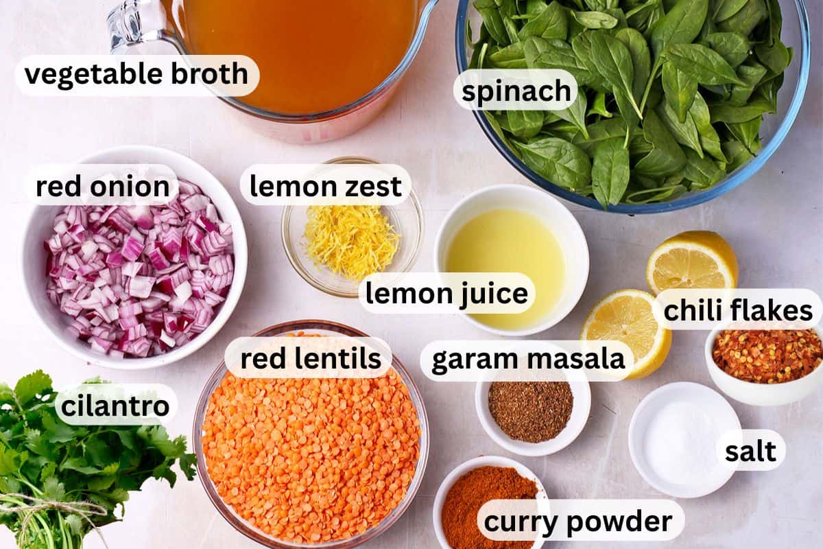 The ingredients for lentil spinach curry with labels.
