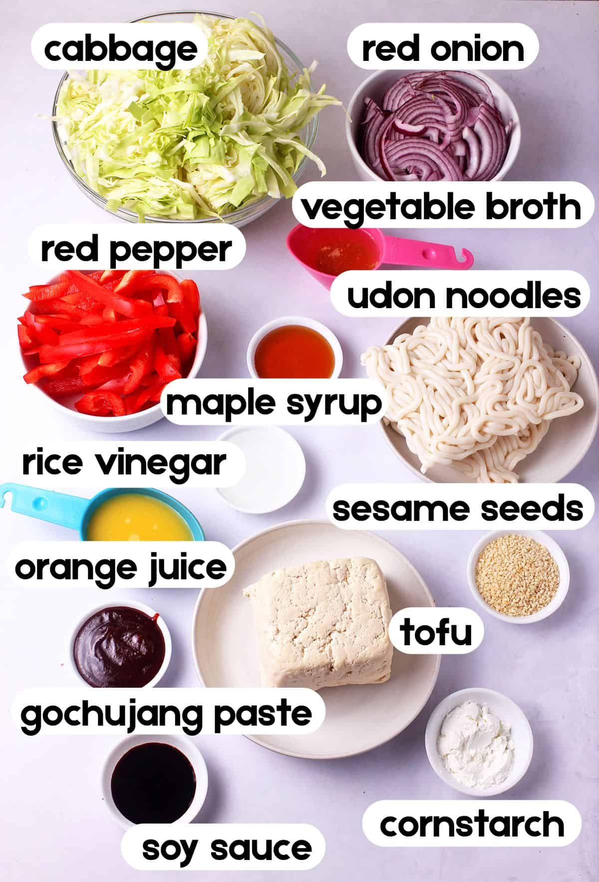 The ingredients for gochujang noodles and tofu with labels.