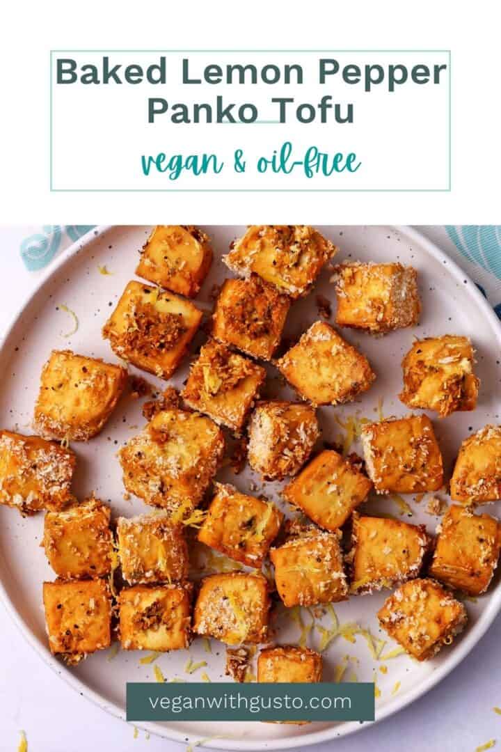 A plate of tofu cubes with lemon zest and panko. Text overlay of the recipe title and website on the photo.