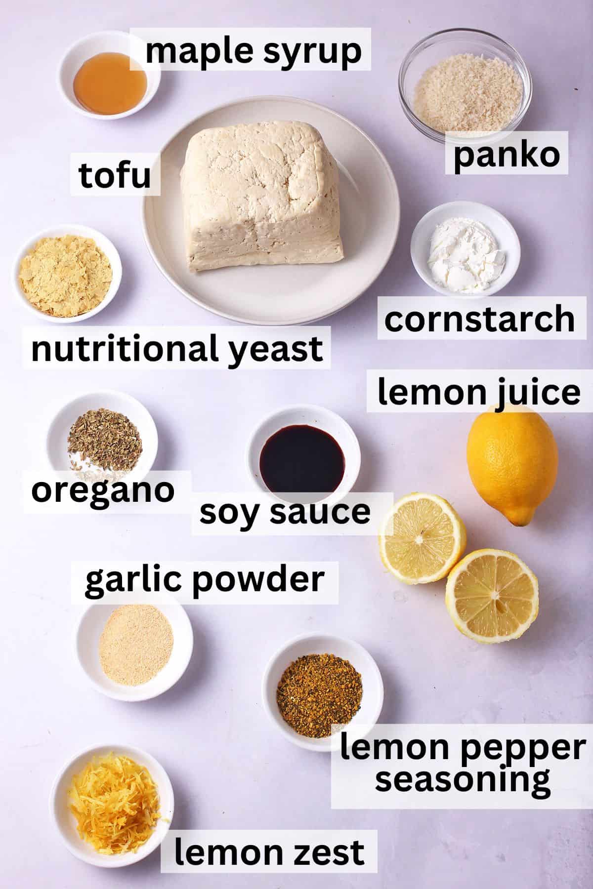 The ingredients for lemon pepper tofu in individual bowls with labels.