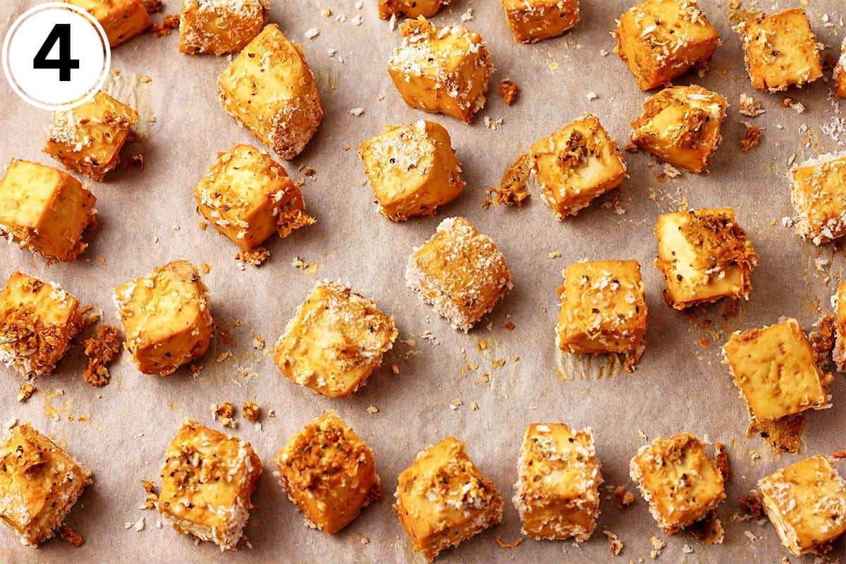 Baked lemon pepper panko tofu cubes.